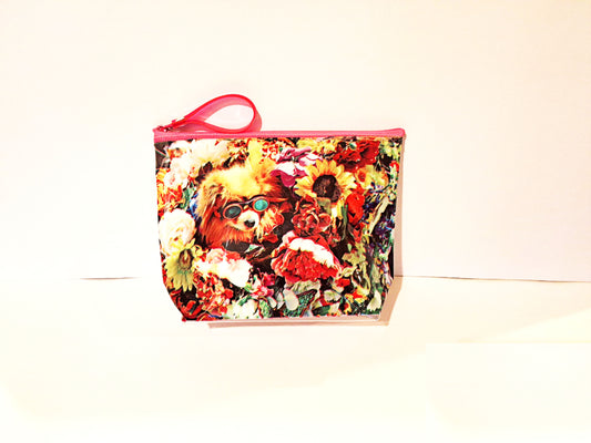 Flower Pompom Pouch  with Pink Zipper